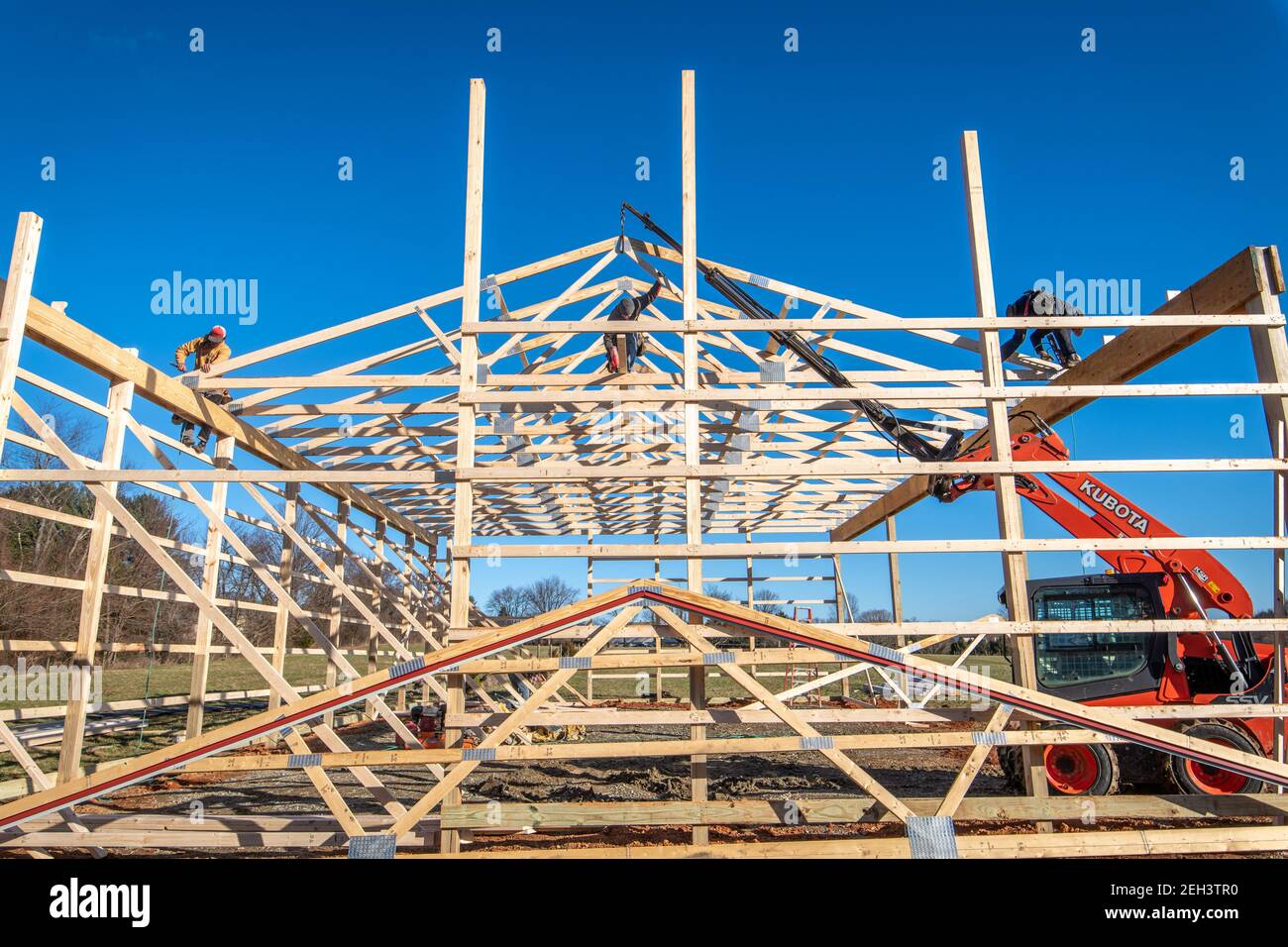 Pole Barn construction on farm in Harford County Maryland Stock Photo
