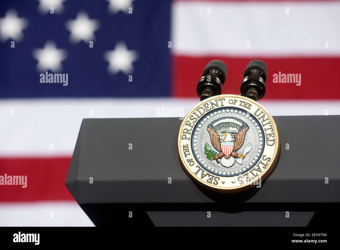 The Presidential Seal on the podium at Portsmouth High School in Portsmouth, N.H., before the start of a town hall meeting on health care reform, August 11, 2009. Stock Photo