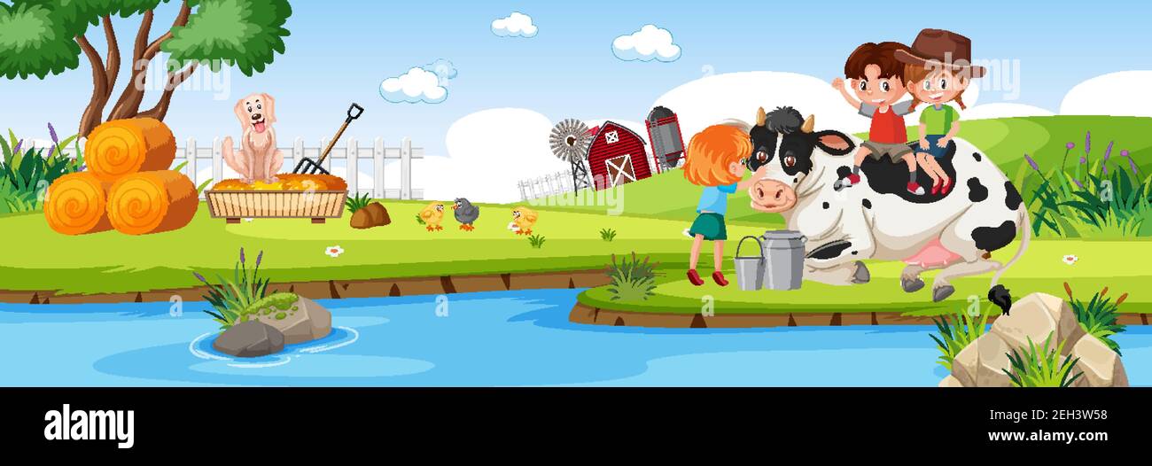 Children in nature farm horizontal landscape scene at day time ...