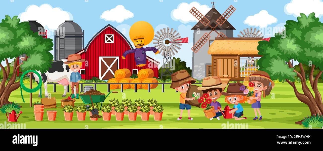 Farm outdoor scene with many children illustration Stock Vector Image ...