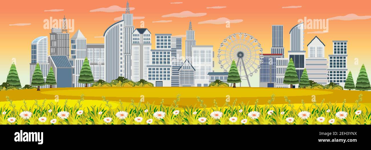 Outdoor landscape with urban view from the park illustration Stock ...