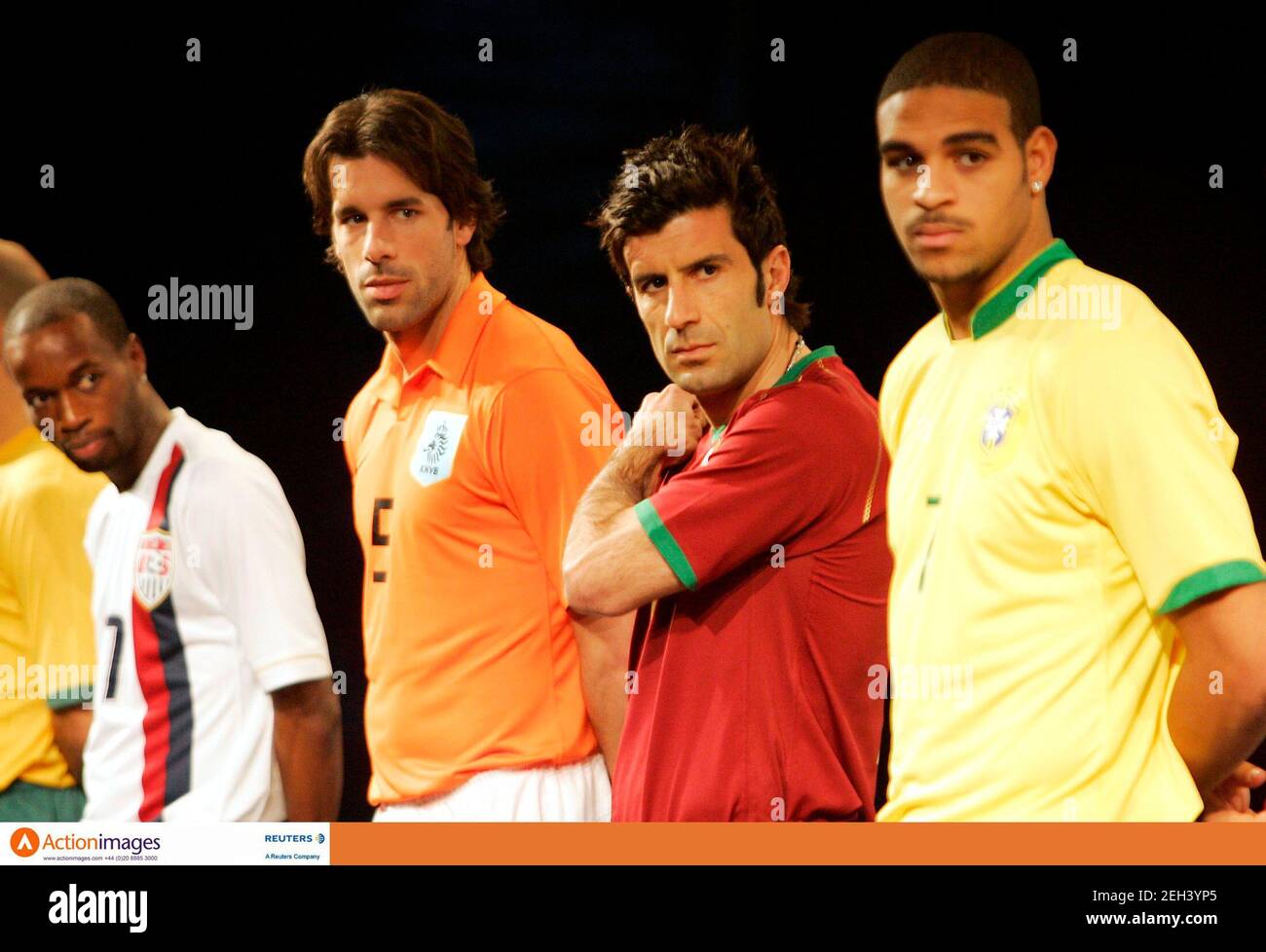 Football - Nike - 2006 World Cup Official Kit Launch for Brazil, Portugal, Australia, Holland, Korea, Mexico, Croatia & USA - Olympic Stadium, Berlin, Germany - 13/2/06  (L-R) Damarcus Beasley of the U.S., Holland's Ruud van Nistelrooy, Portugal's Luis Figo and Brazil's Adriano pose with their kits for the FIFA World Cup 2006  Mandatory Credit: Action Images / Tobias Schwarz  Livepic Stock Photo