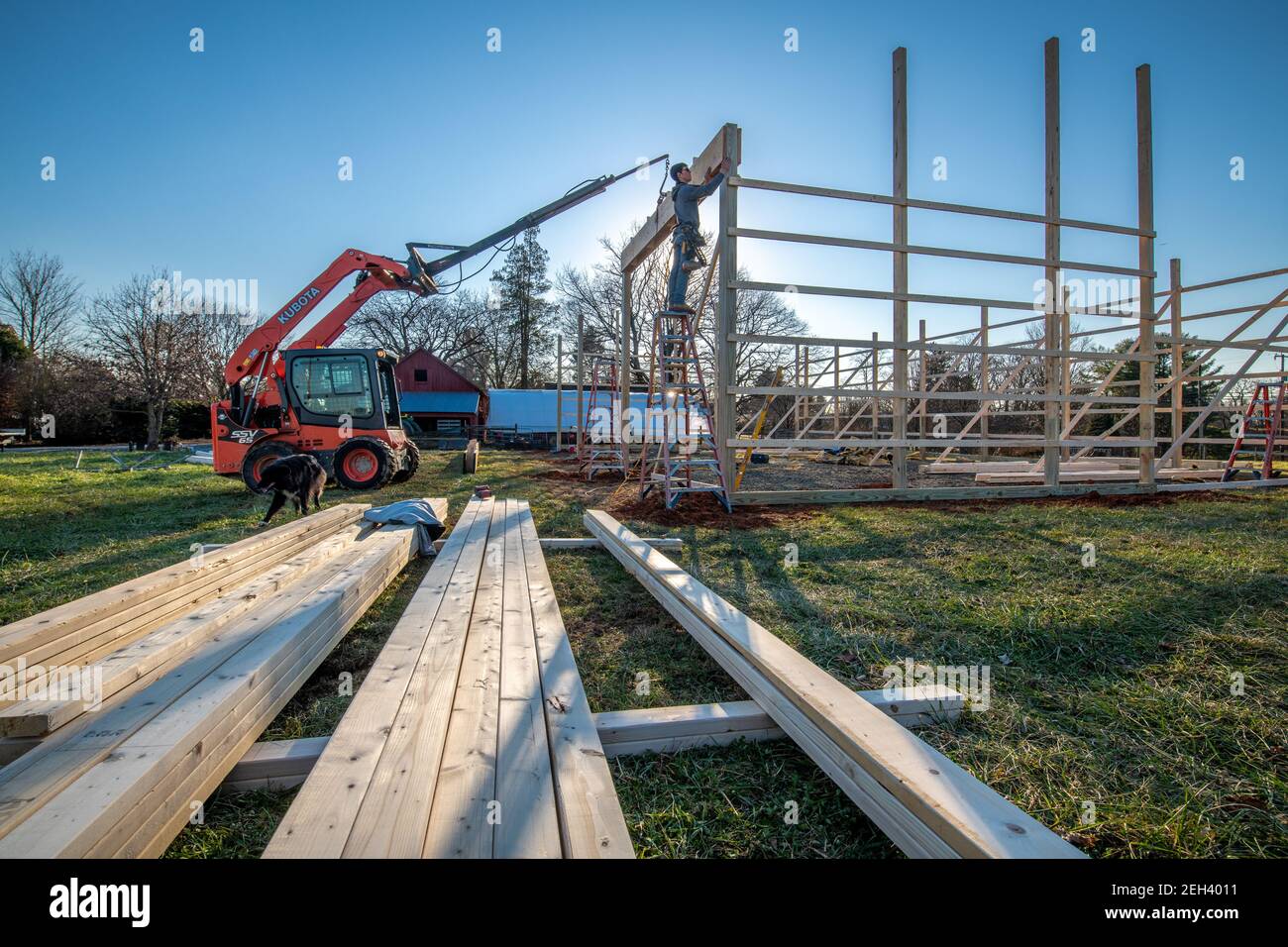 Pole Barn construction on farm in Harford County Maryland Stock Photo