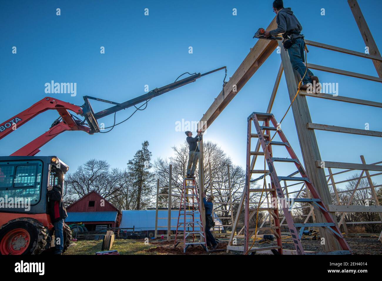 Pole Barn construction on farm in Harford County Maryland Stock Photo