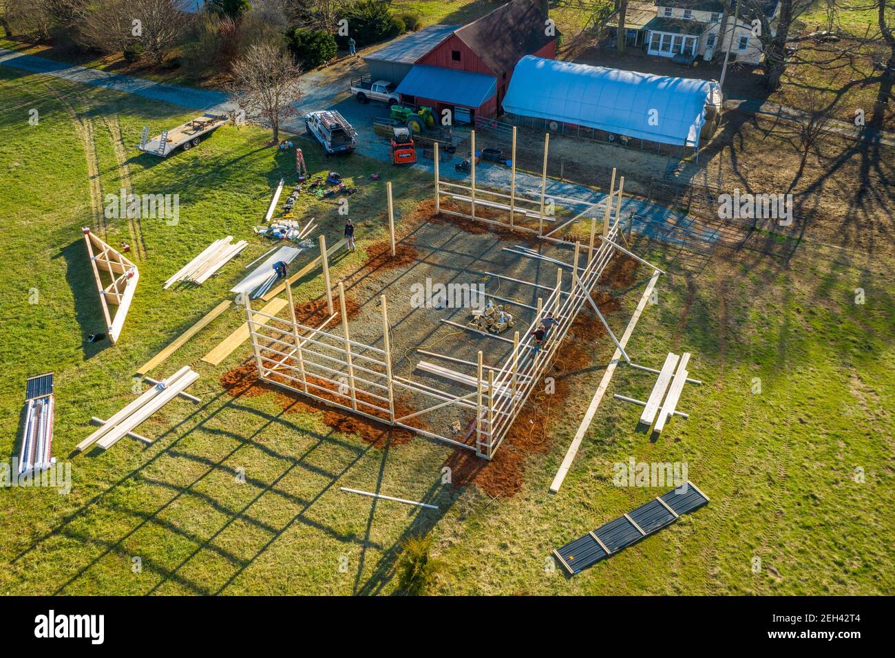 Pole Barn construction on farm in Harford County Maryland Stock Photo