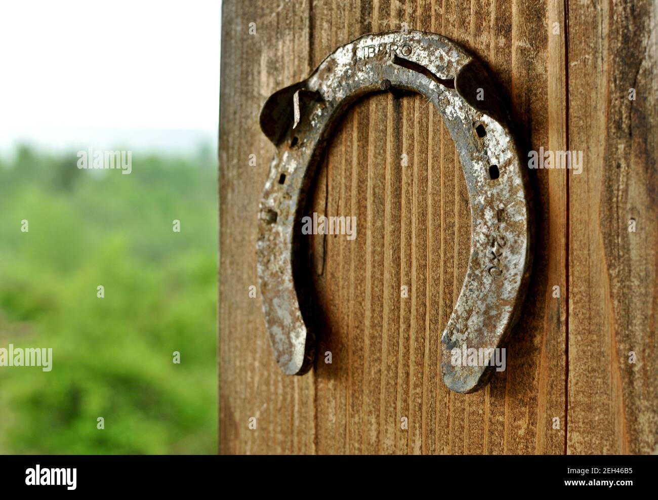 Close up of an horseshoe (clout) hanged on an wooden pillar with copy text. Stock Photo