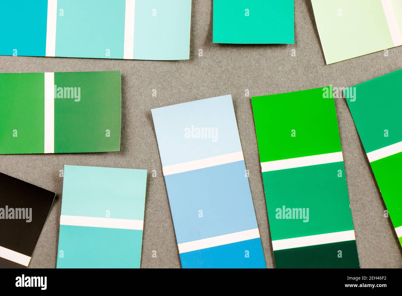 High angle view of color cards on the gray background, variation and ...