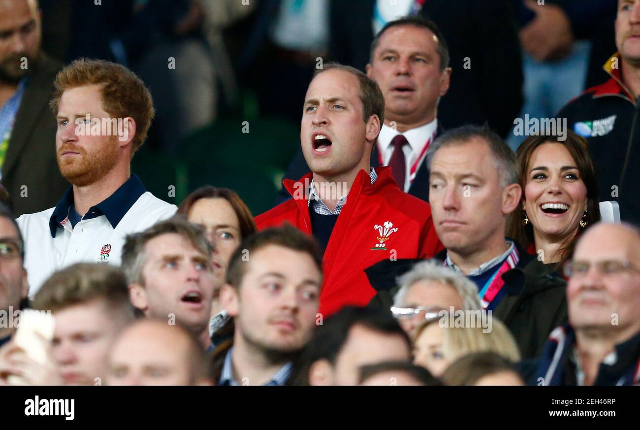 Rugby Union - England v Wales - IRB Rugby World Cup 2015 Pool A - Twickenham Stadium, London, England - 26/9/15  Britain's Prince Harry, Prince William and Catherine, Duchess of Cambridge in the stands  Reuters / Andrew Winning  Livepic Stock Photo