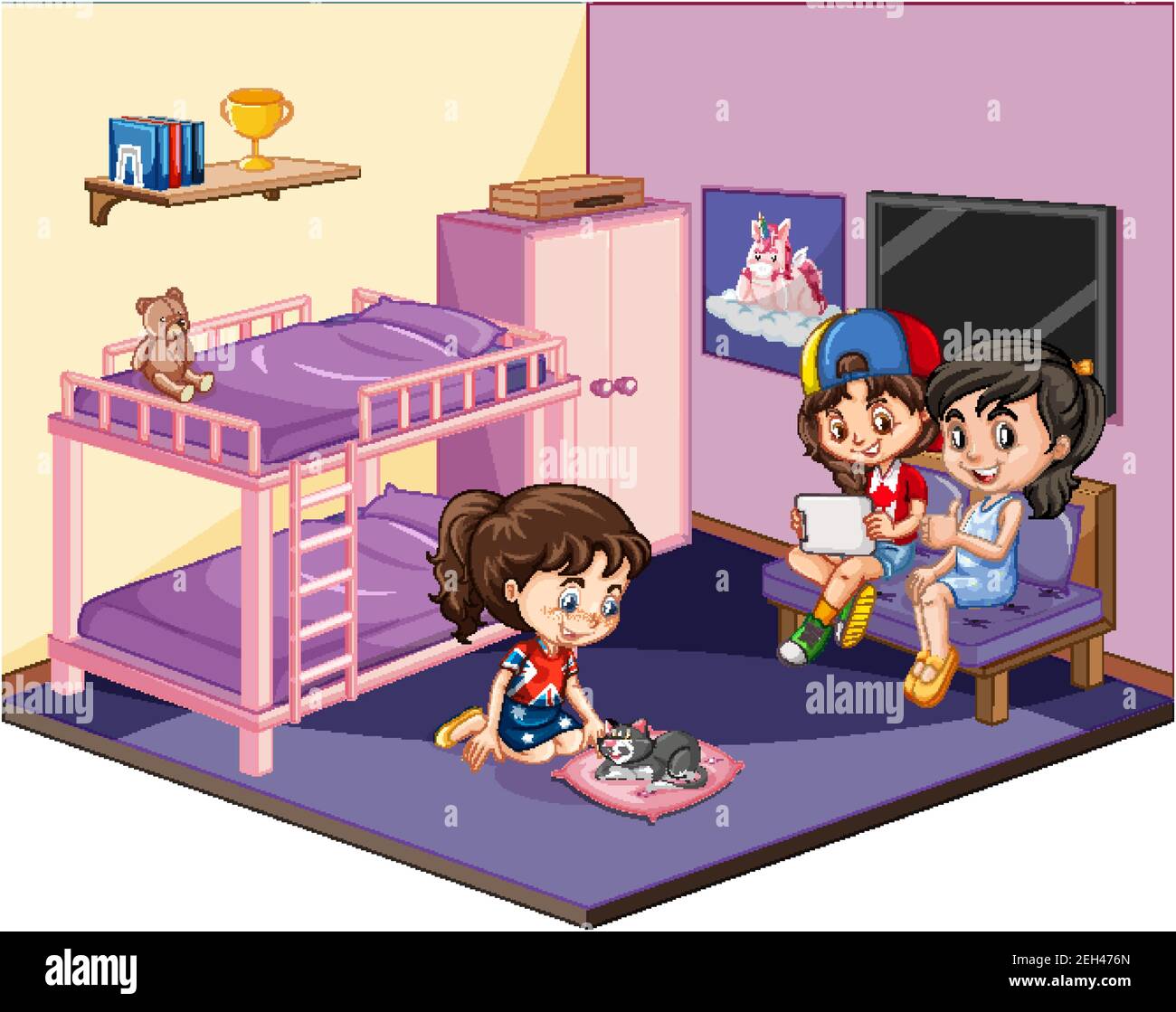Girls in the bedroom in pink theme scene on white background ...