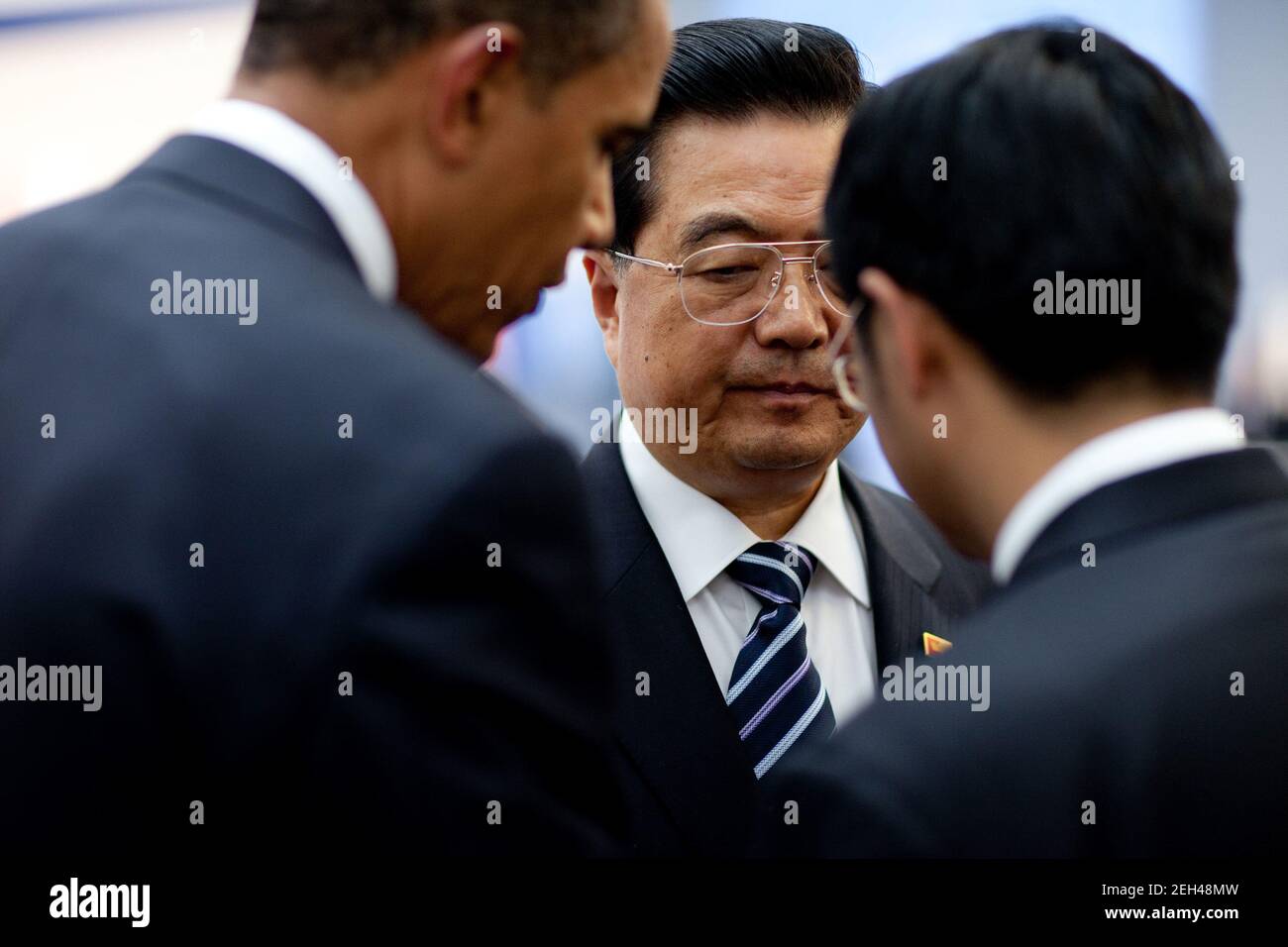 President Barack Obama with Chinese President Hu Jintao at the G-20 Summit in Pittsburgh, Pa., Sept. 25, 2009. Stock Photo