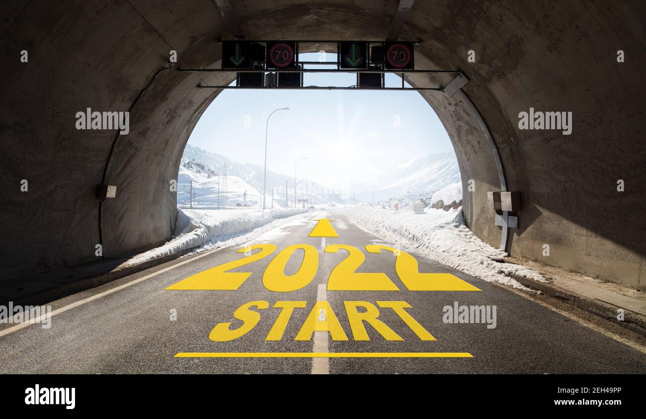 The year 2022 written on tunnel asphalt. New year start time concept Stock Photo