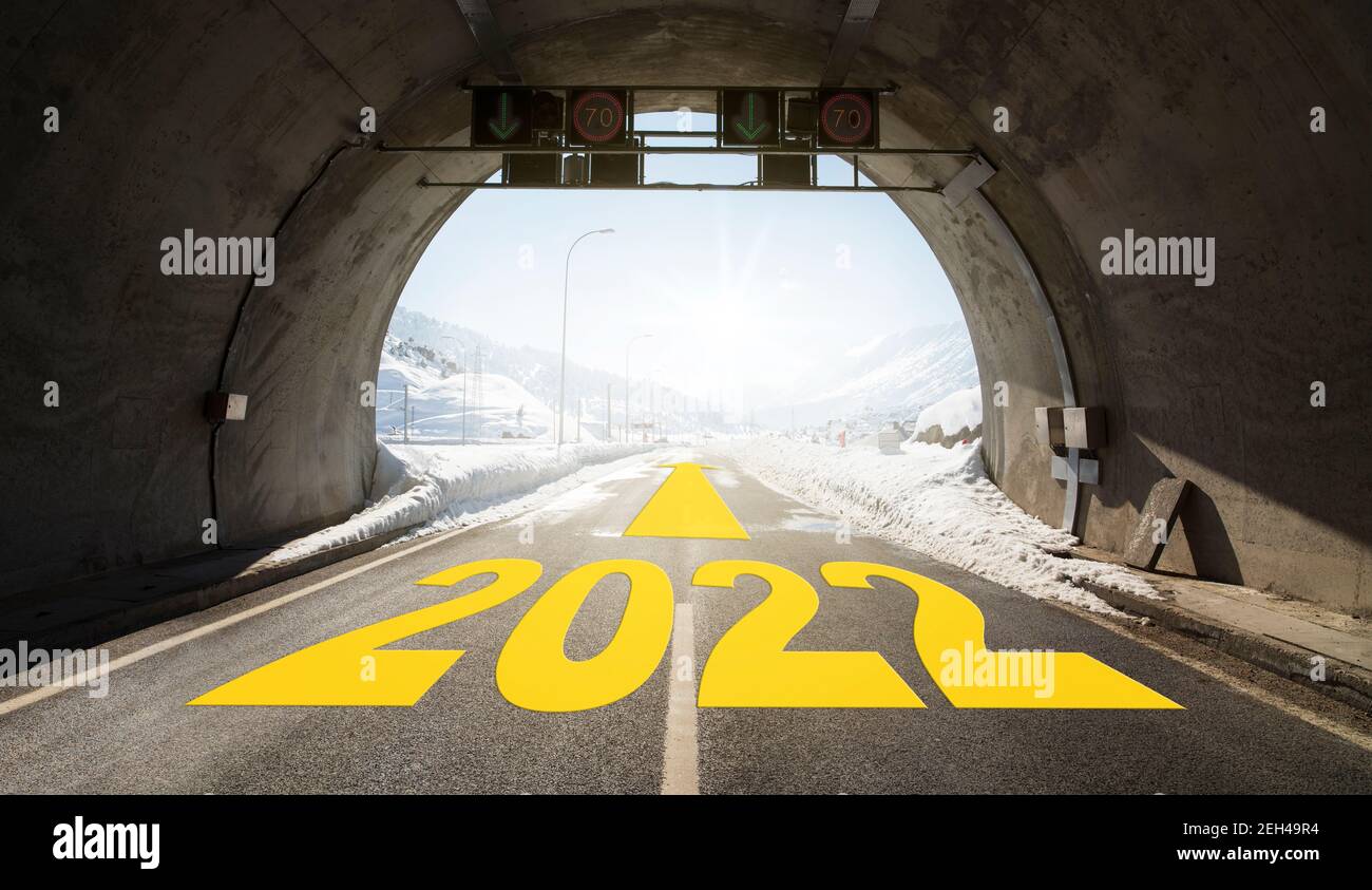 The year 2022 written on tunnel asphalt. New year start time concept Stock Photo