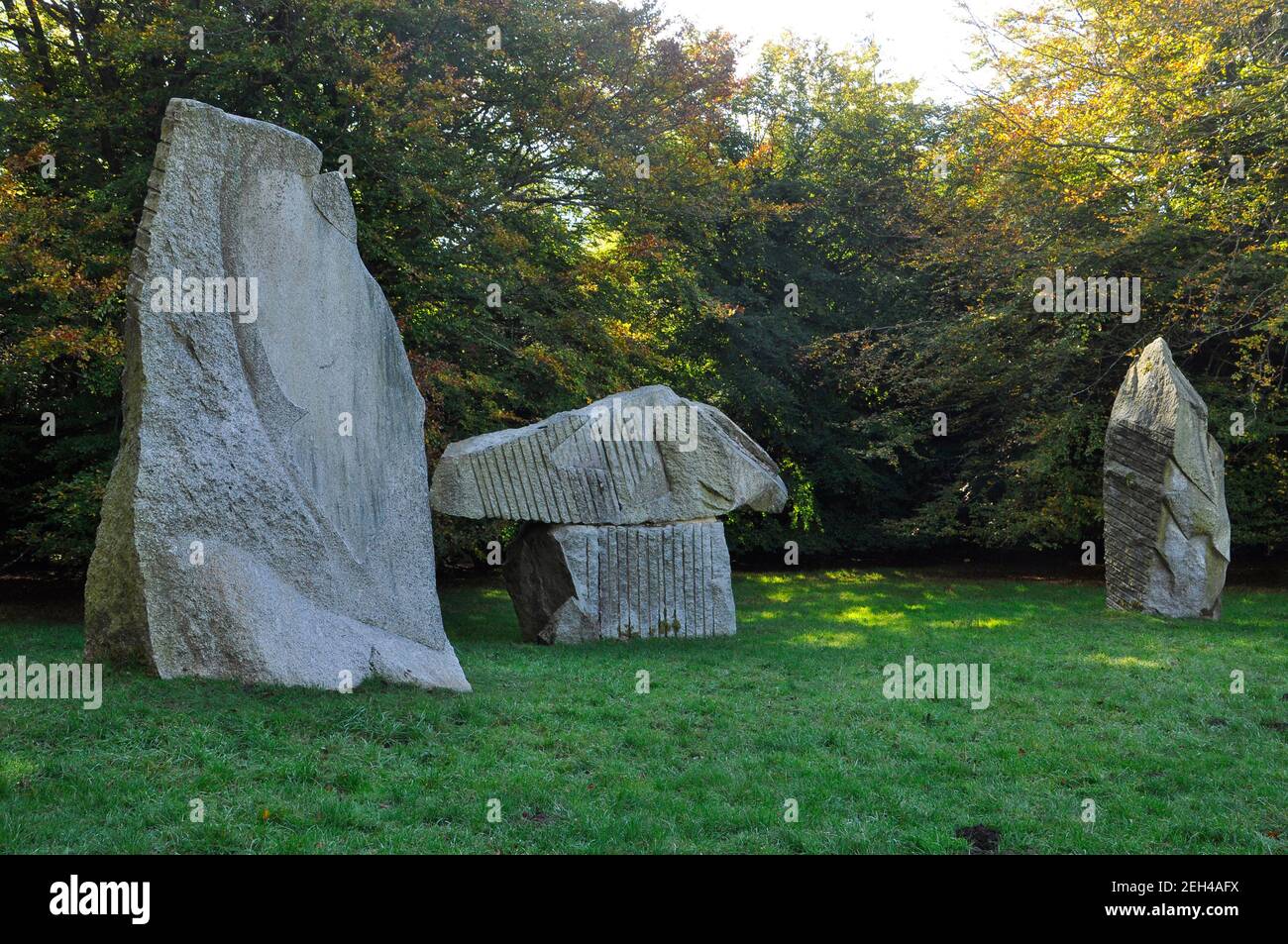 Standing Stones in the autumn sunshine at Heavens gate, overlooking  Longleat House , Longleat ,Wiltshire,UK Stock Photo