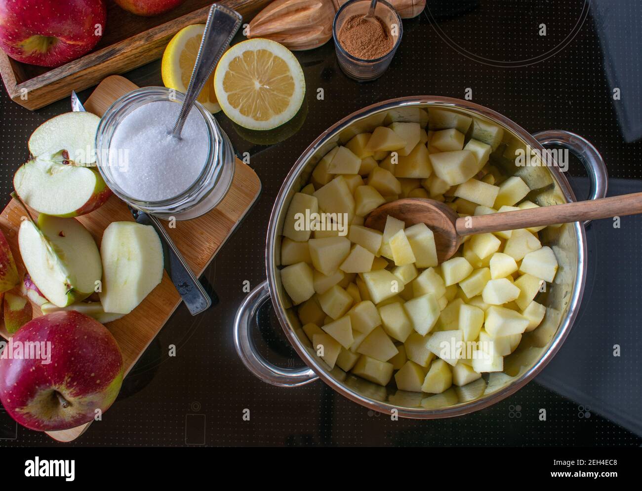 Preparation of apple sauce - Cooking apple compote at home on a stove Stock Photo