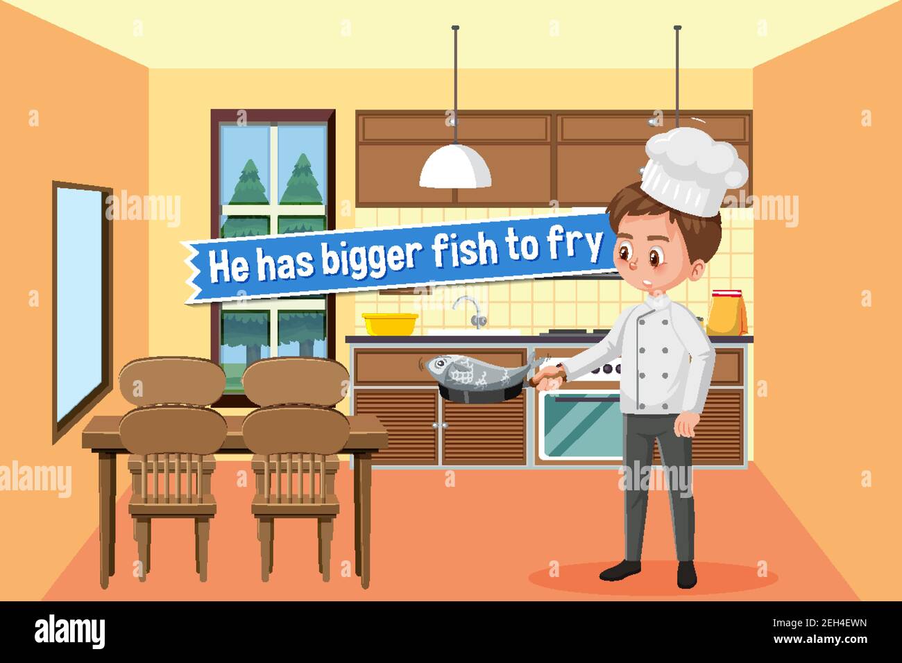 Idiom poster with He has bigger fish to fry illustration Stock Vector ...