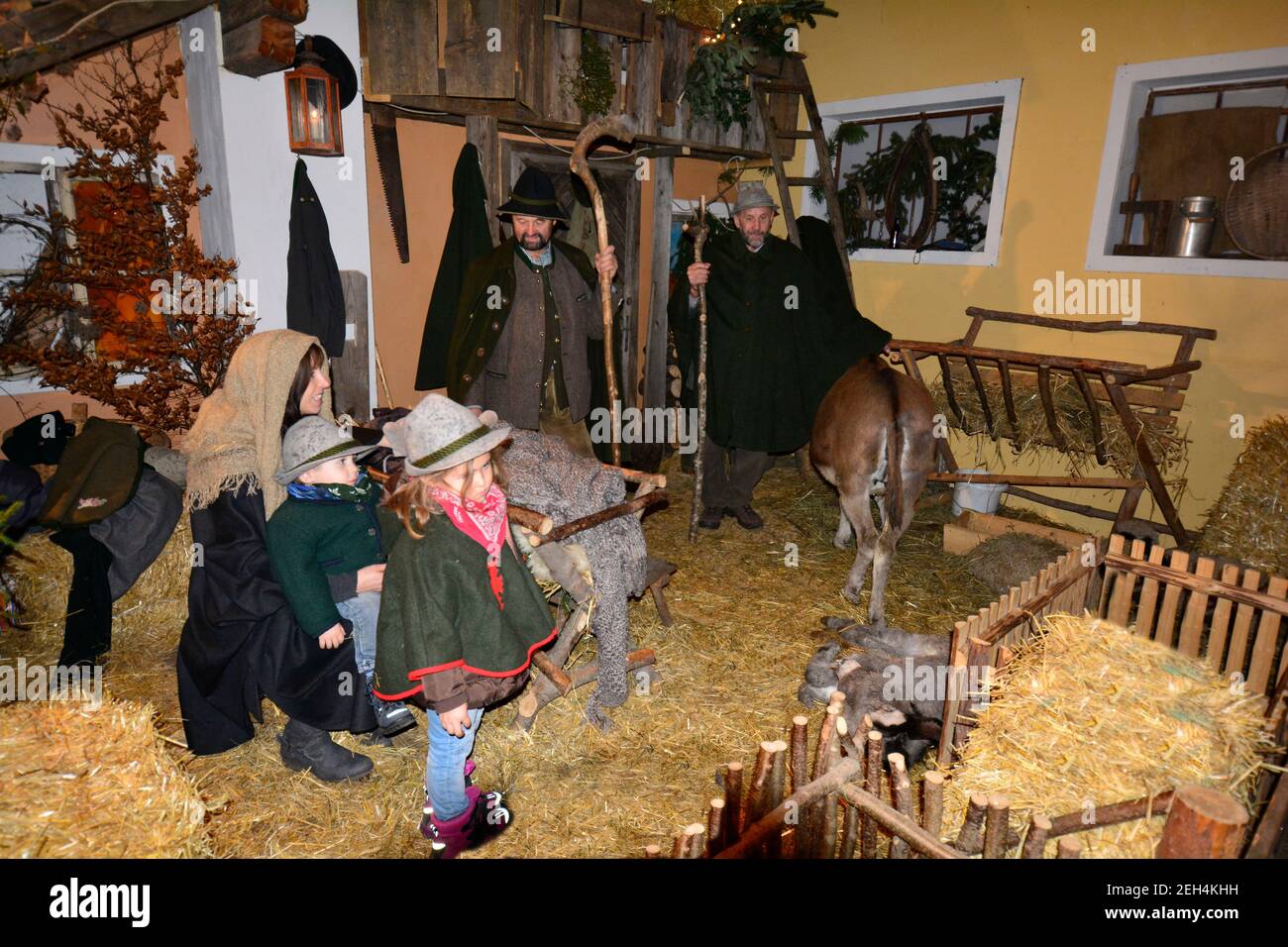 Rohr im Gebirge, Austria - December 14th 2014: Unidentified people with donkey performed a living crib, a yearly tradition in the tiny village in Lowe Stock Photo