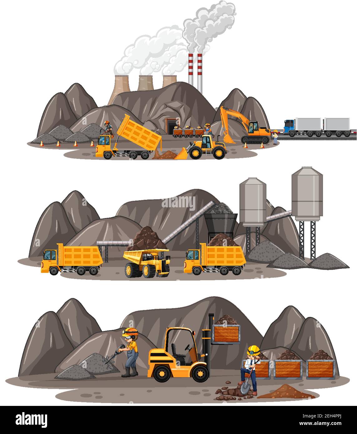 Coal mining scene with different types of construction trucks ...