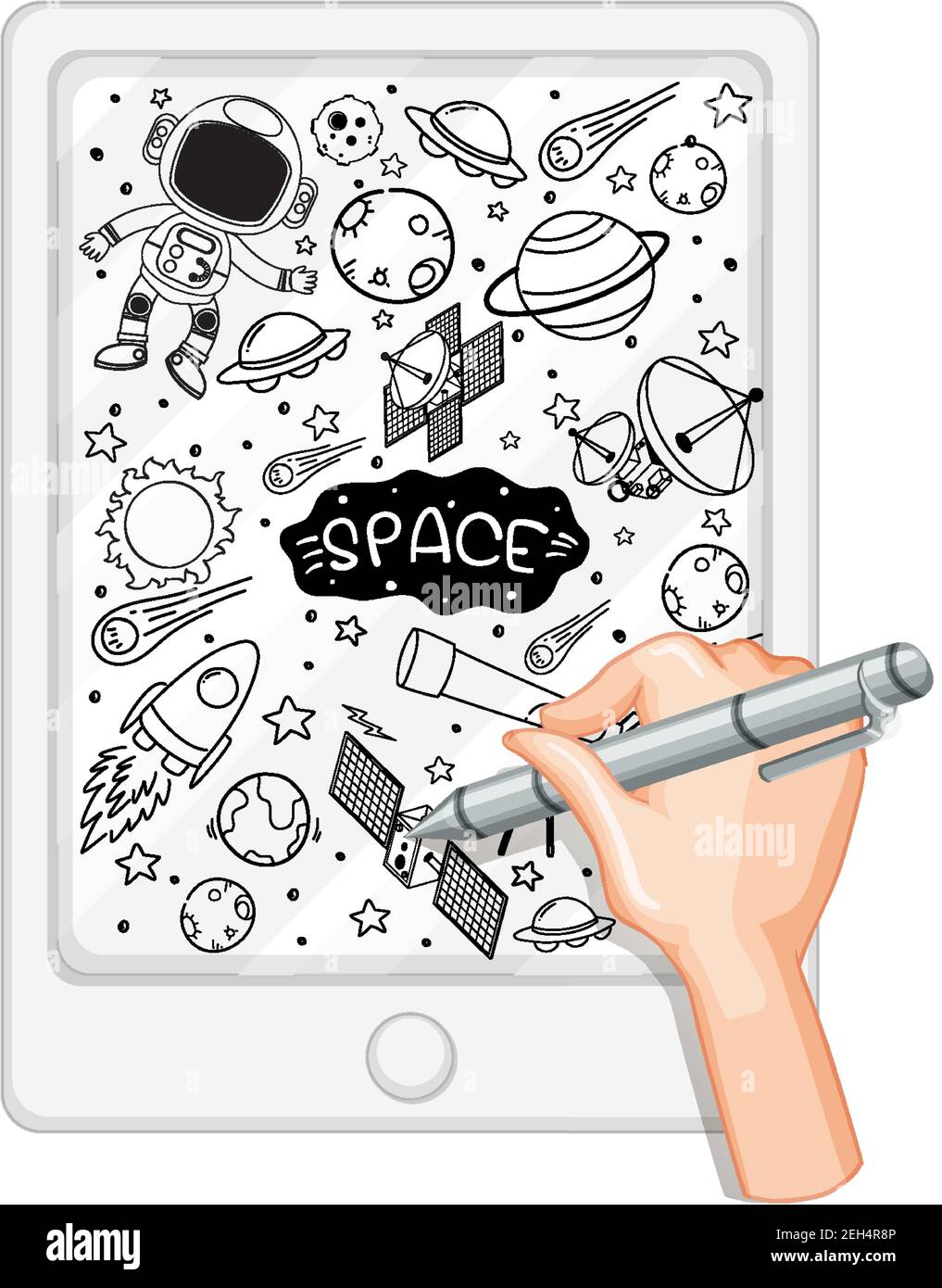 Hand drawing space element in doodle or sketch style on tablet ...