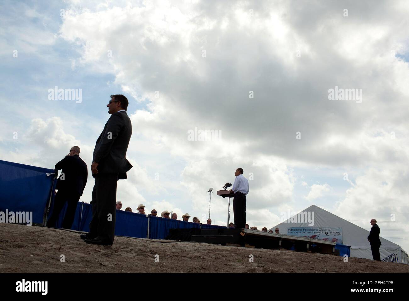 President Barack Obama delivers remarks announcing Recovery Act funding for a variety of Smart Grid technologies, at the DeSoto Next Generation Solar Energy Center in Arcadia, Fla., Oct. 27, 2009 Stock Photo