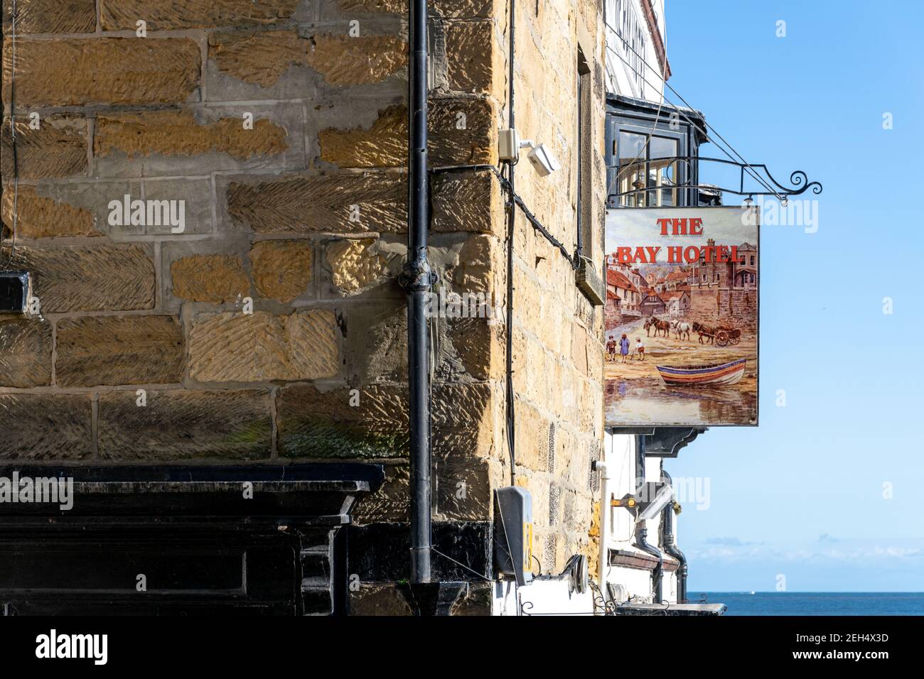 Pub sign for the Bay Hotel, Robin Hood's Bay, Yorkshire, England Stock Photo