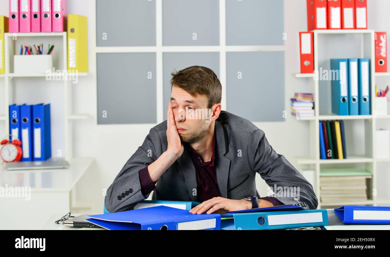 Man Lawyer Sleepy Documents Folders Workplace Overwork Problem Concept