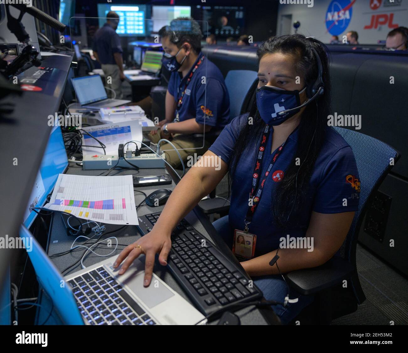 Pasadena, United States Of America. 18th Feb, 2021. NASA Perseverance Mars rover mission commentator and guidance, navigation, and controls operations Lead Swati Mohan, monitors the landing phase of the NASA Perseverance Mars rover in mission control at the NASA Jet Propulsion Laboratory February 18, 2021 in Pasadena, California. The Perseverance Mars rover landed successfully and immediately began sending images from the surface of the Red Planet. Credit: Planetpix/Alamy Live News Stock Photo