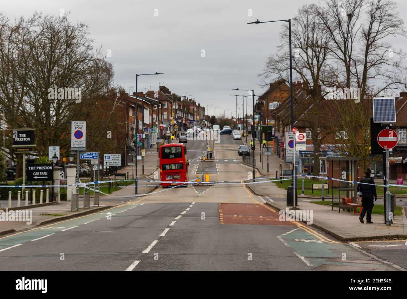 Preston Road, Wembley, UK. 19th February 2021.A crime scene has been put in  place after a fatal stabbing on Preston Road, North West London. The London  Ambulance Service called Police shortly after