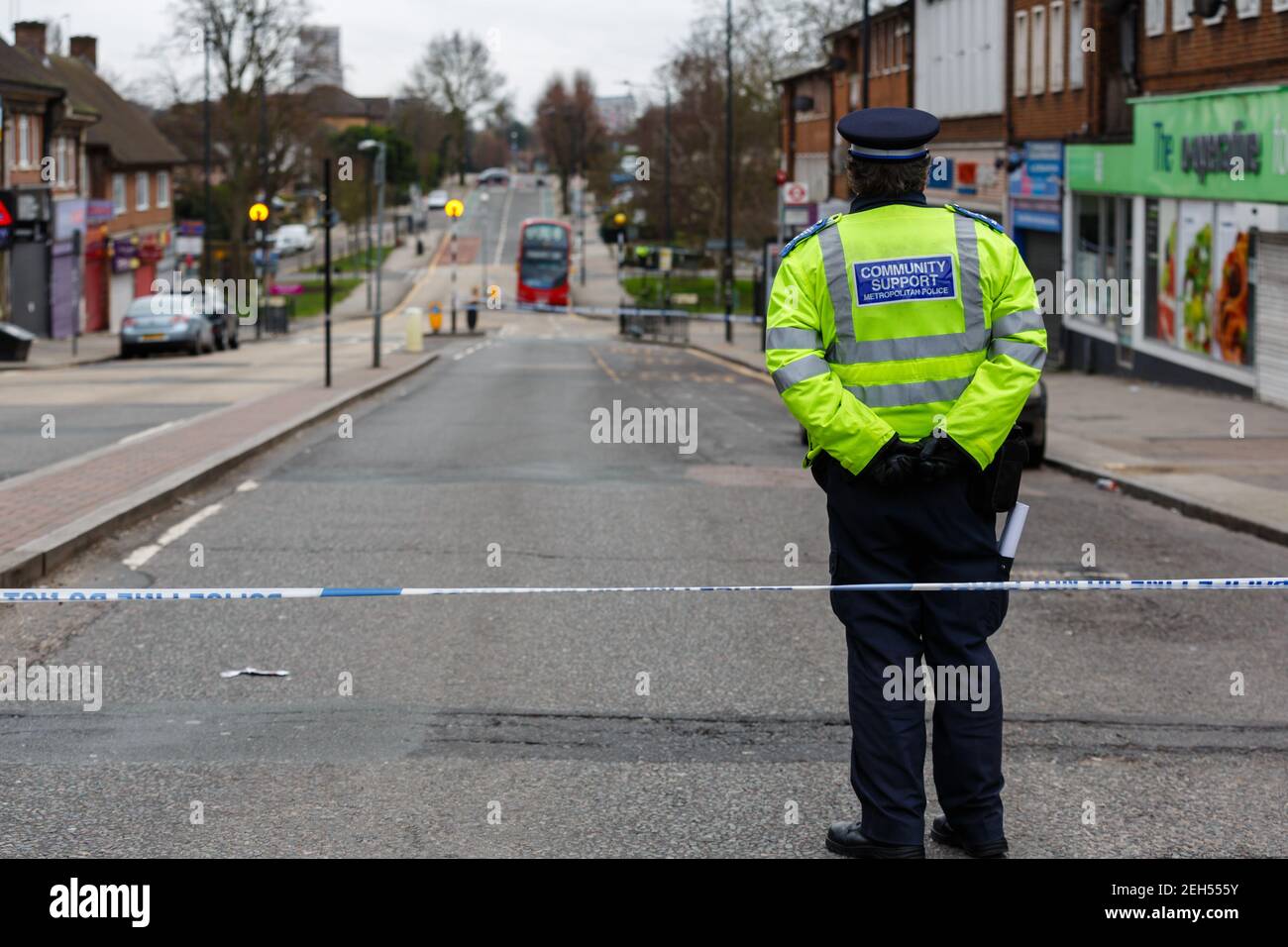 Preston Road, Wembley, UK. 19th February 2021.A crime scene has been put in  place after a fatal stabbing on Preston Road, North West London. The London  Ambulance Service called Police shortly after