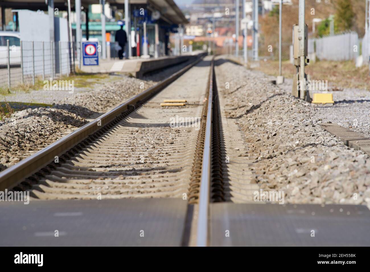 Tracks close up at railway station of Männedorf, Switzerland. Stock Photo