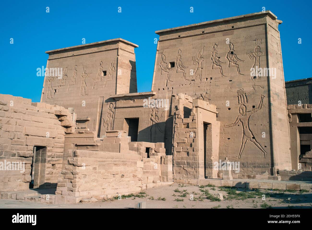 Pylon of the Temple of Isis in Philae on Agilika Island in Aswan, Egypt, Africa on a Sunny Day Stock Photo