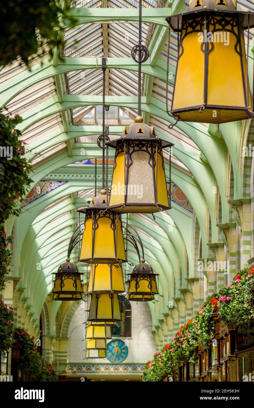 Interior of the Royal Arcade In Norwich Norfolk, showing the Art Nouveau hanging lights. Stock Photo