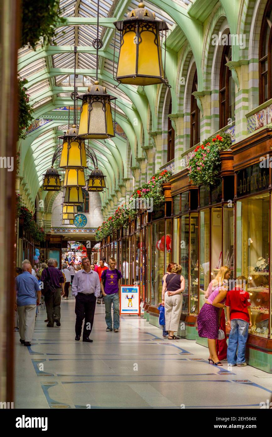 Interior of the Royal Arcade In Norwich Norfolk, showing the Art Nouveau hanging lights. Stock Photo