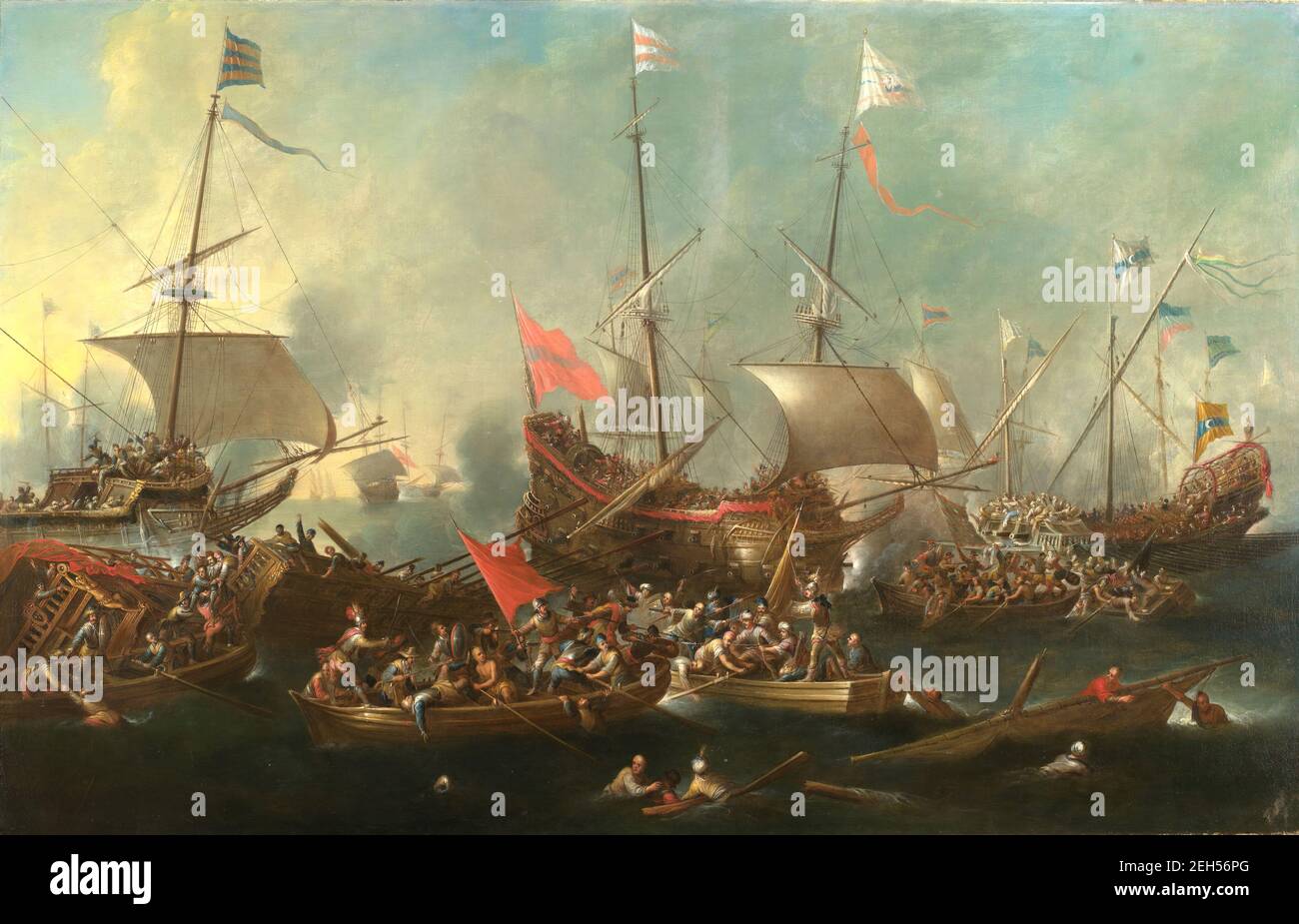 The Battle of Lepanto - A Sea Battle between Christians and Barbary Corsairs, 1615-20. The Battle of Lepanto was fought between the Holy League, a coalition of Catholic Mediterranean states, and the Turkish Ottoman Empire on 7th October 1571. The Holy League force, led by Don Juan de Austria (1547-78), were victorious against the Ottoman force including Barbary Corsairs led by Muezzinzade Ali Pasha. This was the last great sea battle involving oared vessels and the largest battle of galleys since Actium in 30BC. Stock Photo