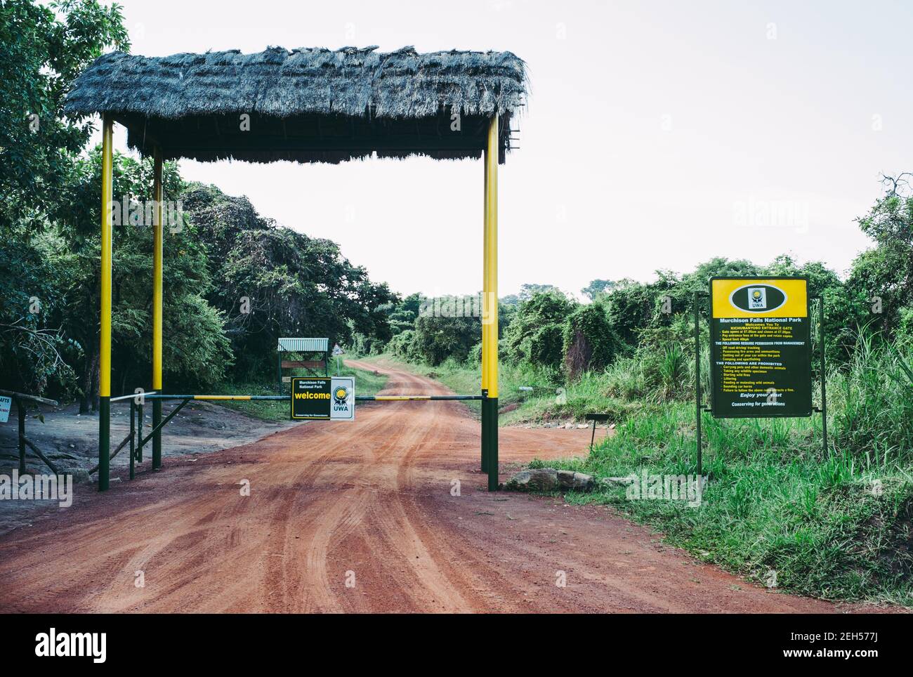 Masindi, Uganda - July 17 2011: Murchison Falls National Park Kichubanyobo Entrance Gate in Africa Stock Photo
