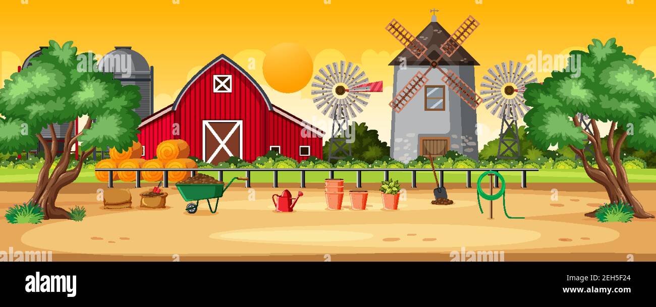 Rural farm landscape sunset illustration Stock Vector Image & Art - Alamy