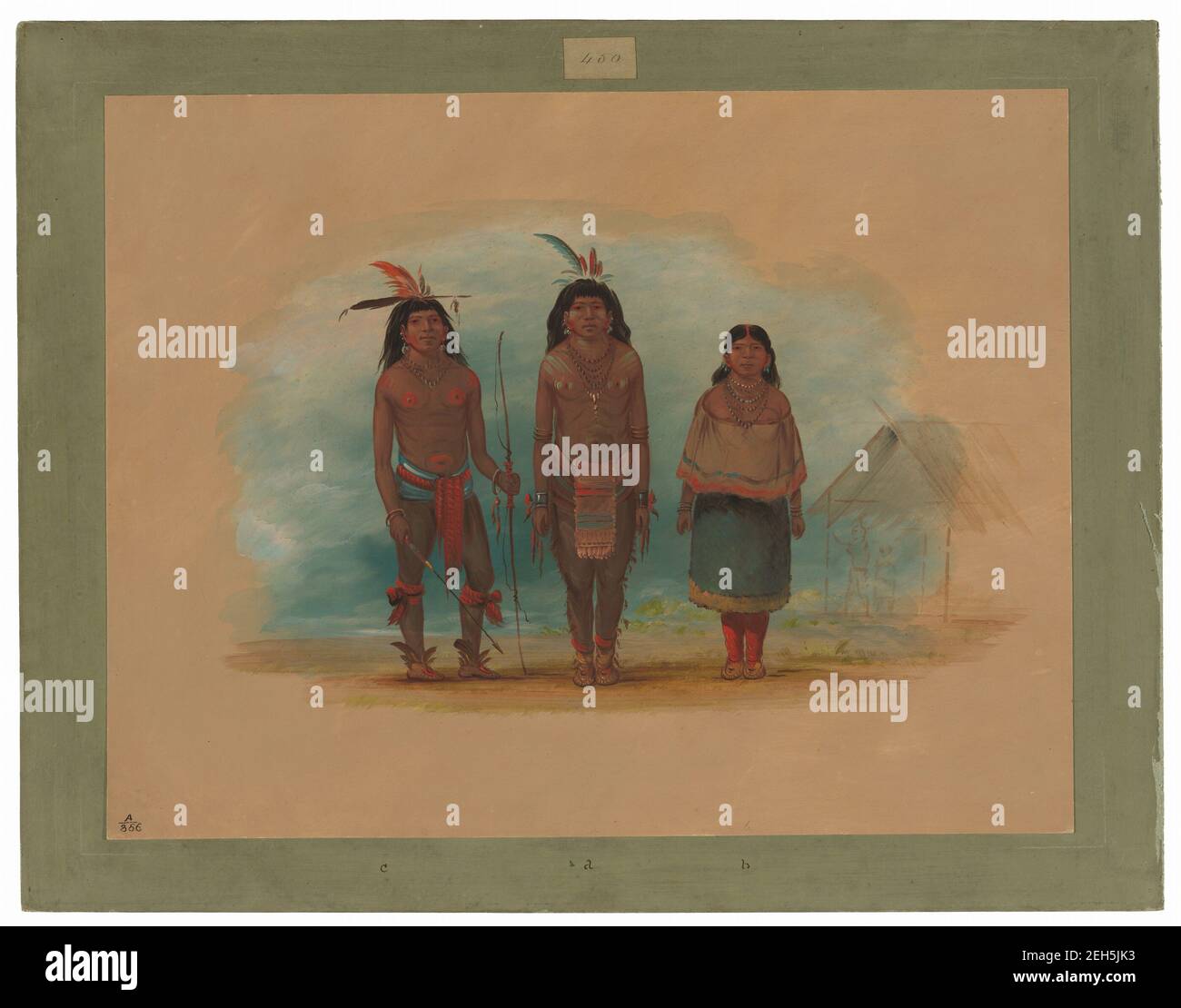 Three Taruma Indians, 1854/1869. Tunxt-&#xf3;-me (secondary chief) with Min-nee (wife)  and O-to-no-t&#xf3;m-m (warrior) on the upper Essequibo, British Guiana. 1852. Stock Photo