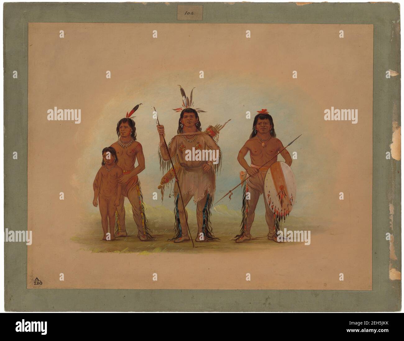 Spokan Chief, Two Warriors, and a Boy, 1855/1869. Sims-t&#xf3;w-el (chief) and J&#xed;m-j&#xed;m-t&#xe9;n-ne (warrior) with a boy. Stock Photo