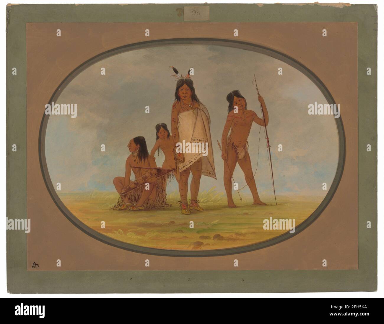 Four Flathead Indians, 1855/1869. Ya-t&#xe1;x-ta-coo (warrior) with Y&#xfa;n-ne-y&#xfa;n-ne (boy with harpoon) and L&#xe1;s-tee (woman flattening infant's head) in 1855 Stock Photo