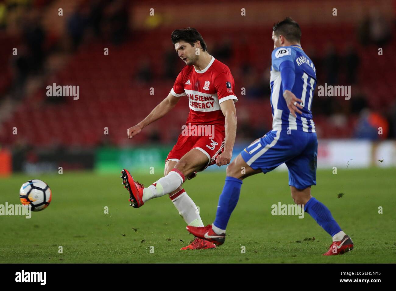 Soccer Football - FA Cup Fourth Round - Middlesbrough vs Brighton & Hove Albion - Riverside Stadium, Middlesbrough, Britain - January 27, 2018   Middlesbrough's George Friend in action with Brighton's Anthony Knockaert   REUTERS/Scott Heppell Stock Photo