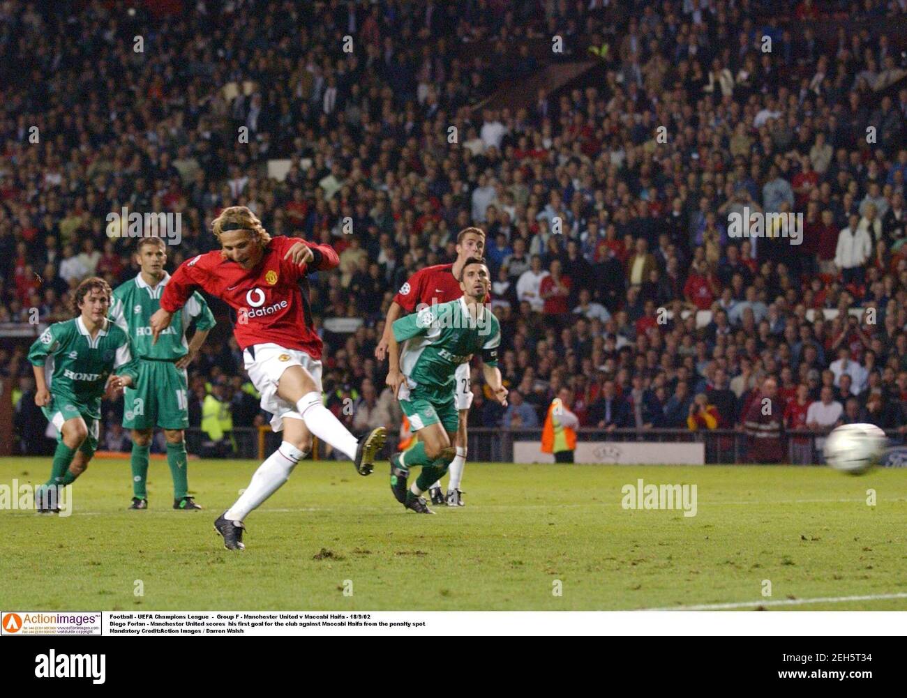 Football - UEFA Champions League - Group F - Manchester United v Maccabi  Haifa - 18/9/02 Diego Forlan - Manchester United scores his first goal for  the club against Maccabi Haifa from