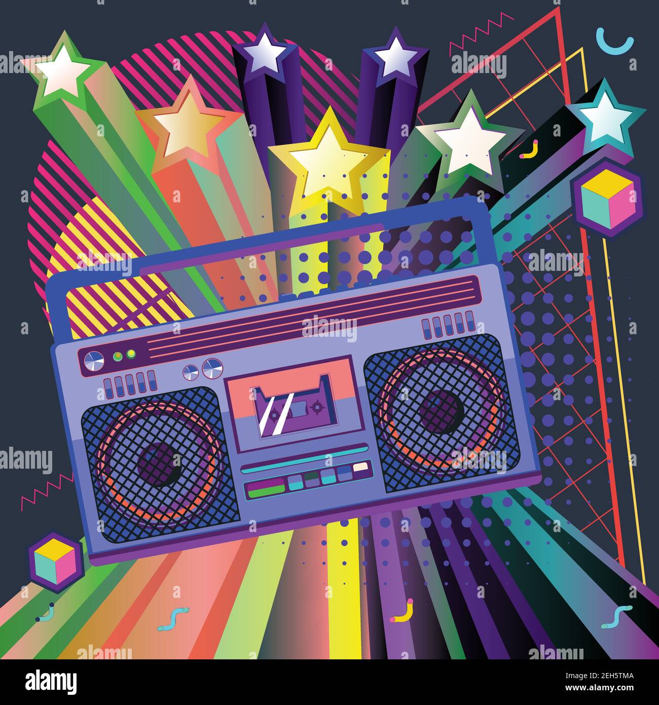 Funky 80s portable radio cassette player, a boombox with geometric shapes  design Stock Vector Image & Art - Alamy