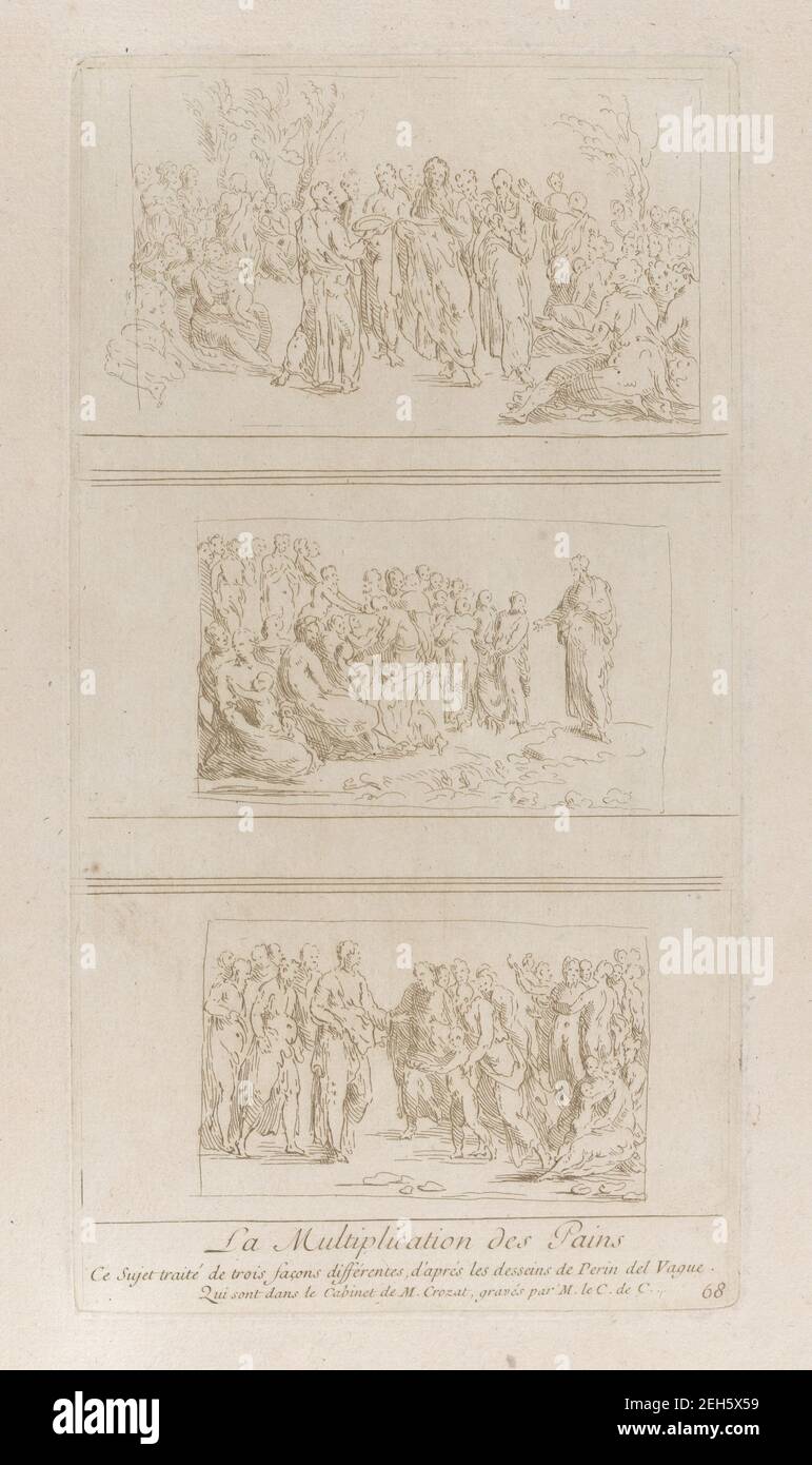 Three separate studies for the miracles of the loaves, showing Christ standing in different positions surrounded by a large crowd; from 'Recueil d'estampes d'apr&#xe8;s les plus beaux tableaux et d'apr&#xe8;s les plus beaux desseins qui sont en France, Cabinet Crozat' after drawings by Perino del Vaga, ca. 1729-40. Stock Photo