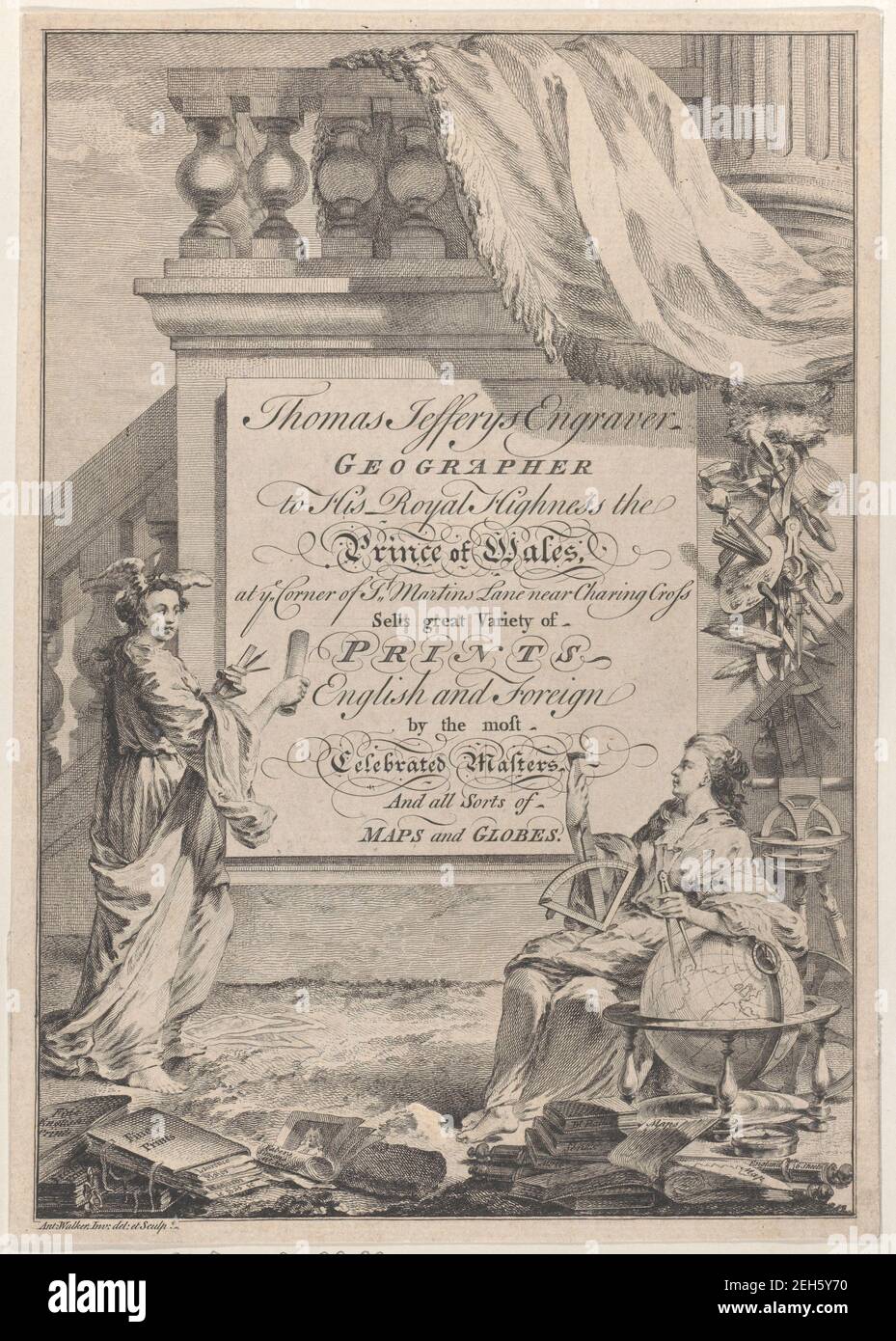 Trade Card for Thomas Jefferys, Engraver, Geographer, and Printseller, 18th century. Stock Photo