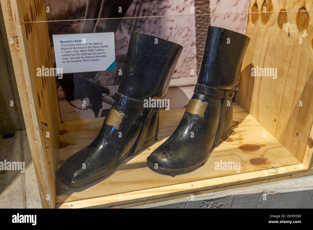 Original boots from the statue of Mussolini that stood in Piazza Castello in Tripoli, Libya on display in the REME Museum, Lyneham, Wiltshire, UK Stock Photo