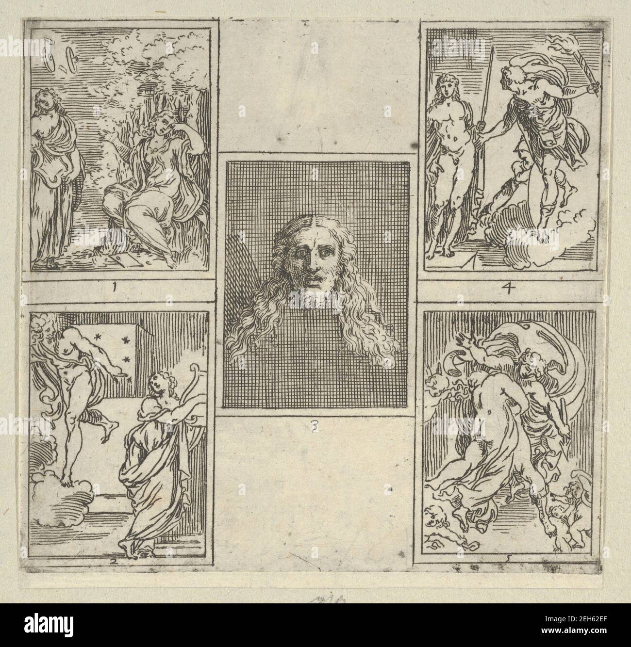 Five numbered scenes, each after a painter in the Accademia Degl'Incamminati, from IL FUNERALE D'AGOSTINO CARRACCIO FATTO IN BOLOGNA SUA PATRIA DAGL'INCAMINATI Academici del Disegno: 1. Painting and Poetry mourning the death of Agostino Carracci, painted by Francesco Brizio; 2. Painting with a lyre and Apollo pointing to stars on Carracci's grave, design by Giacomo Cavedone; 3. The head of Christ, painted by Agostino Carracci; 4. Prometheus with a torch and Athena behind him, painted by Alessandro Albini; 5. Aurora abducting Cephalus, painted by Leonello Spada., 1603. Stock Photo