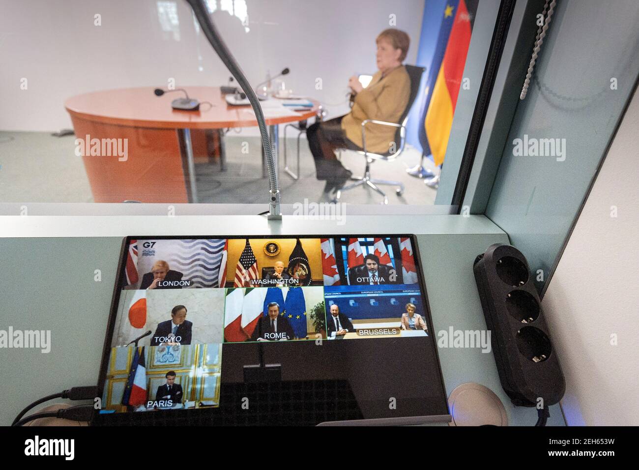 Berlin Germany 19th Feb 2021 German Chancellor Angela Merkel Cdu During A Video Conference At The Federal Chancellery As Part Of The Virtual G7 Summit The Leaders Of The Group Of Seven