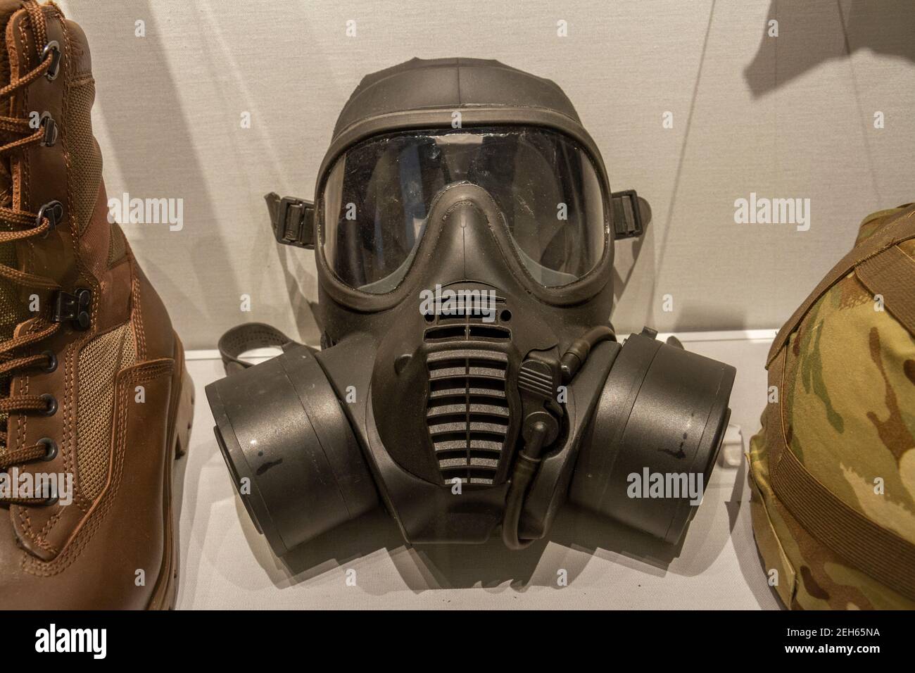 Military respirator (against chemical, biological, radiological & nuclear attacks) on display iin the REME Museum, Lyneham, Wiltshire, UK. Stock Photo