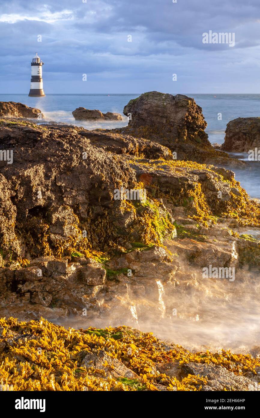 Penmon Point lighthouse in the morning sun, Anglesey, North Wales Stock Photo