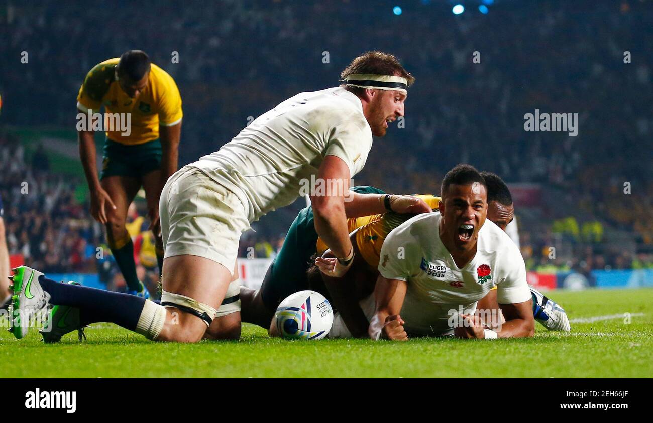 Rugby Union - England v Australia - IRB Rugby World Cup 2015 Pool A - Twickenham Stadium, London, England - 3/10/15  England's Anthony Watson celebrates scoring a try  Reuters / Andrew Winning  Livepic Stock Photo