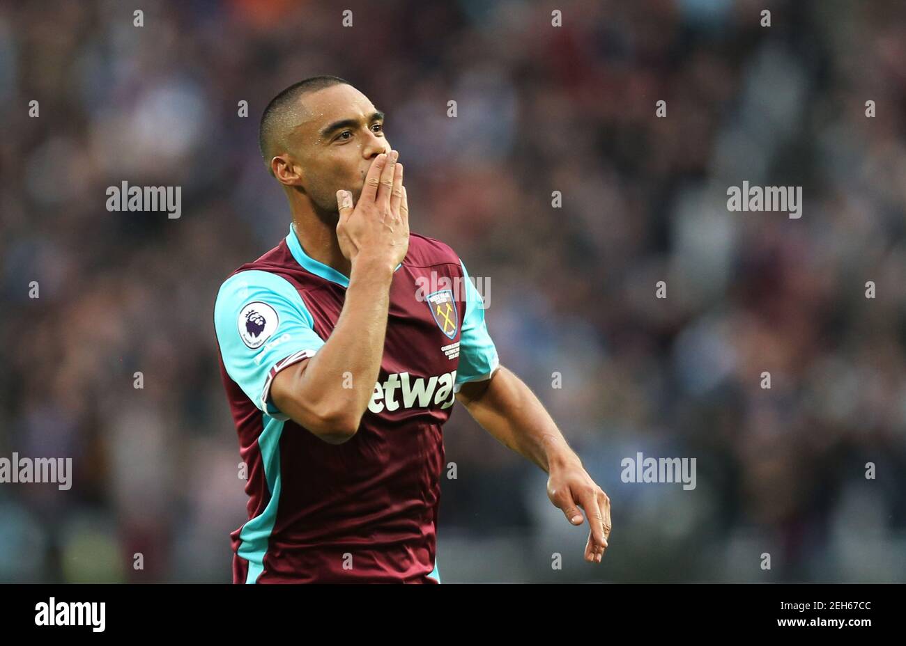 Britain Soccer Football - West Ham United v Sunderland - Premier League - London Stadium - 22/10/16 West Ham United's Winston Reid celebrates scoring their first goal  Reuters / Paul Hackett Livepic EDITORIAL USE ONLY. No use with unauthorized audio, video, data, fixture lists, club/league logos or 'live' services. Online in-match use limited to 45 images, no video emulation. No use in betting, games or single club/league/player publications.  Please contact your account representative for further details. Stock Photo